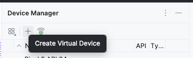 The device manager toolbar displays two menu options including create virtual device.