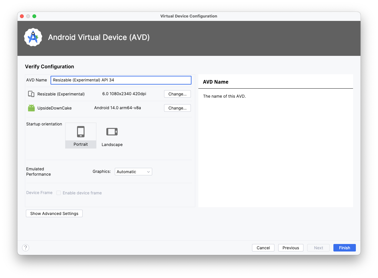 The Virtual Configuration screen in Android Virtural Device (AVD) displays. The configuration screen includes a text field to enter the AVD name. Below the name field are a list of device options, including the device definition (Resizable Experimental), the system image (Tiramisu), and the orientation, with Portrait orientation selected by default. Buttons reading