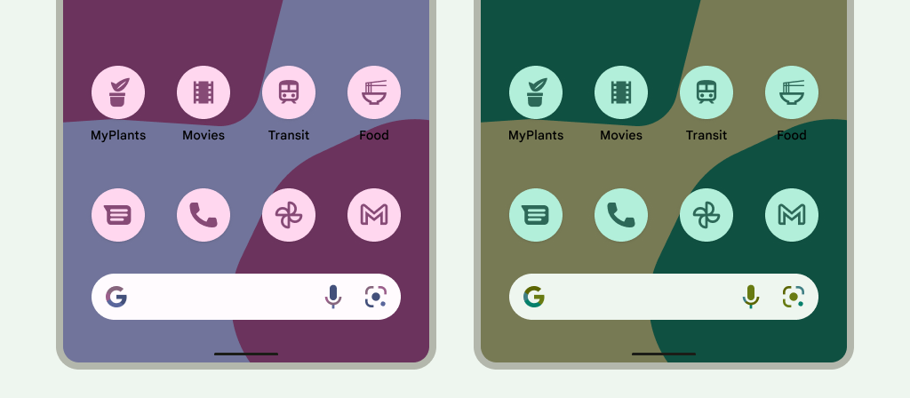 An example of three Android devices, each one showing a
different user theme with different tints: the first shows a wallpaper with
dark tinting; the second shows a golden-tinted wallpaper; the third shows a
wallpaper with light grey with bluish tints wallpaper. In each example, the
icons have inherited the tinting of the wallpaper and blend in perfectly.