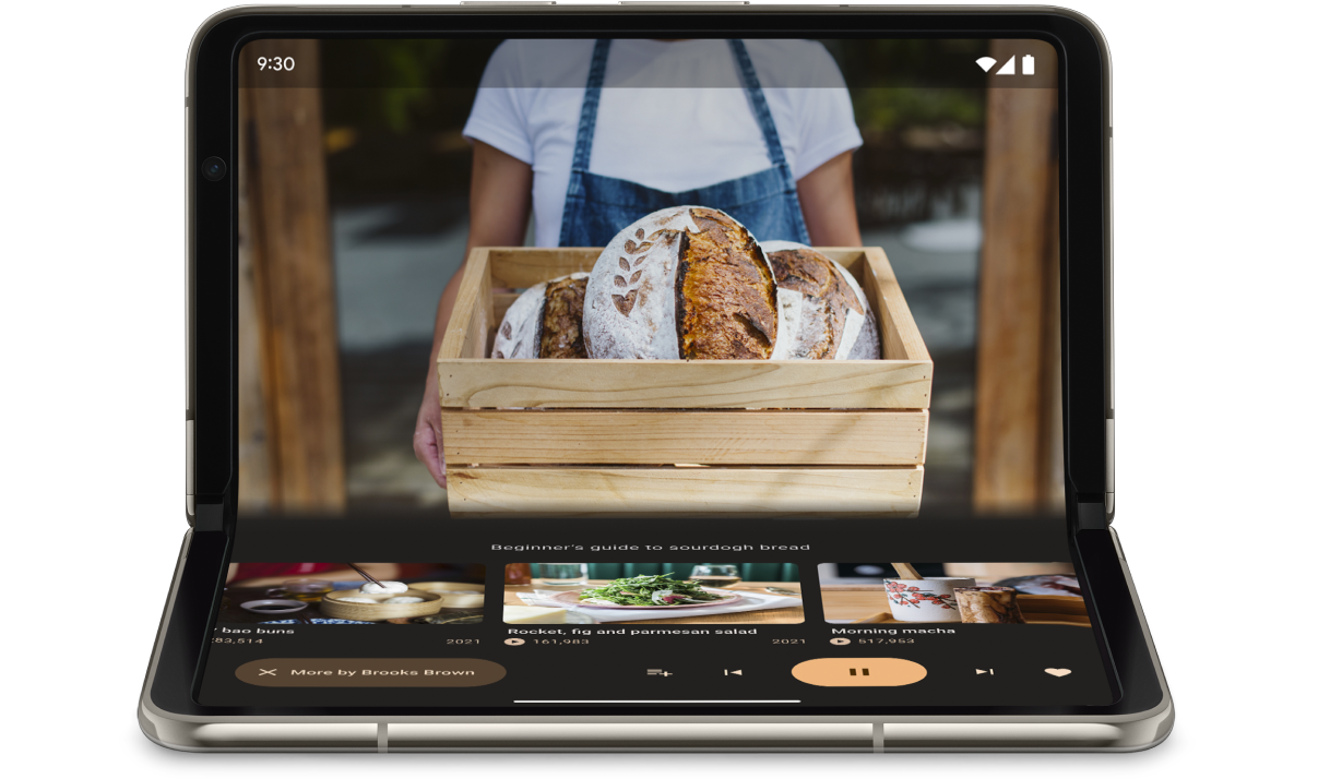 A video player app in tabletop posture with video playback on the
        upright vertical portion of the screen and playback controls on the
        lower horizontal portion.