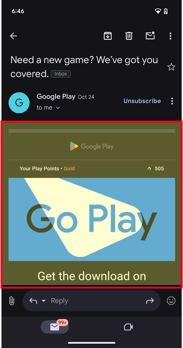 Android app open to Google Play, with the primary web view highlighted in a
  red box