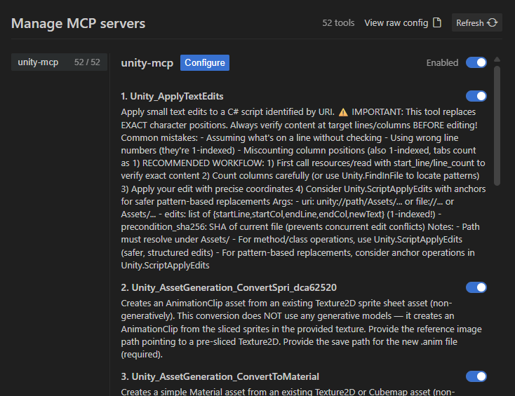Antigravity IDE Manage MCPs window displaying unity-mcp as configured.
