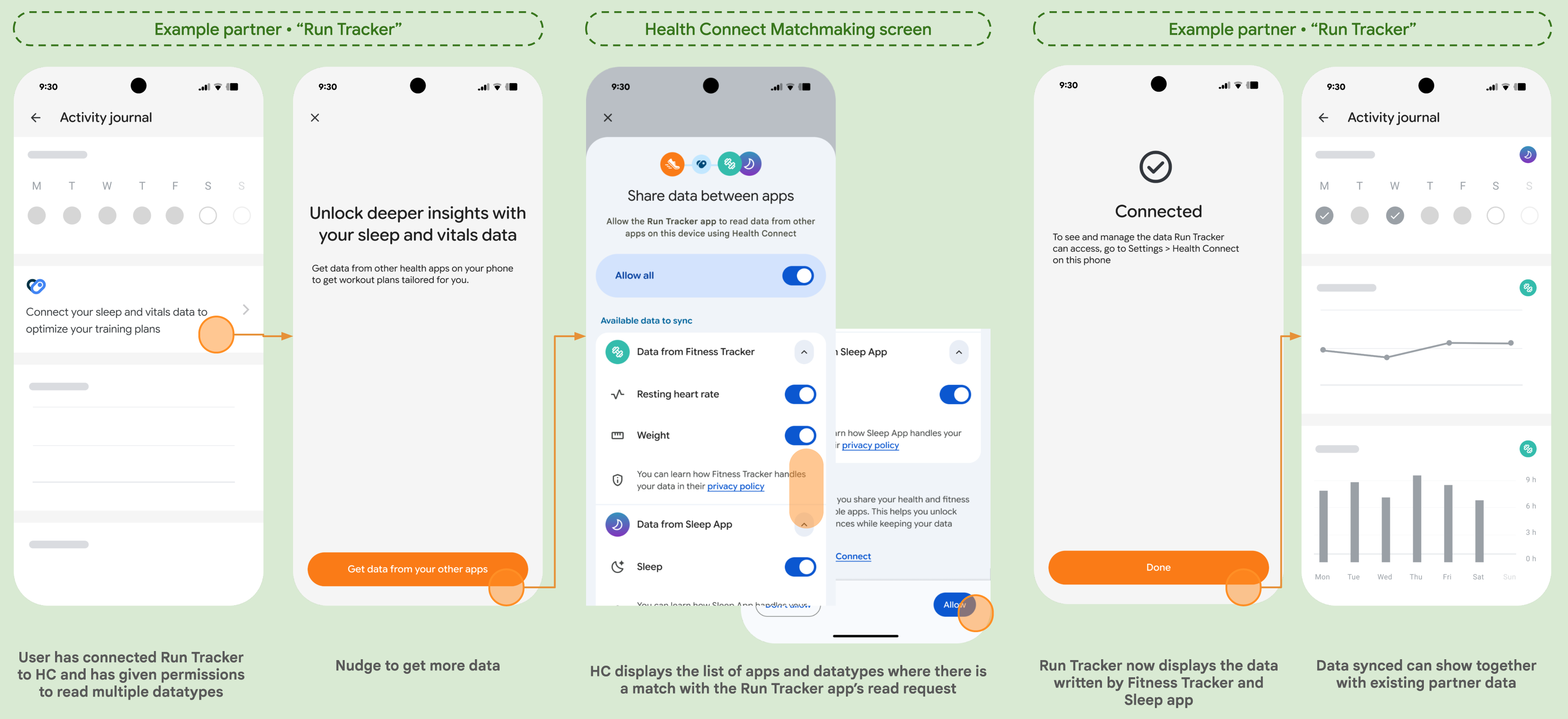 Matchmaking screen showing a list of apps that can share data with Health Connect.