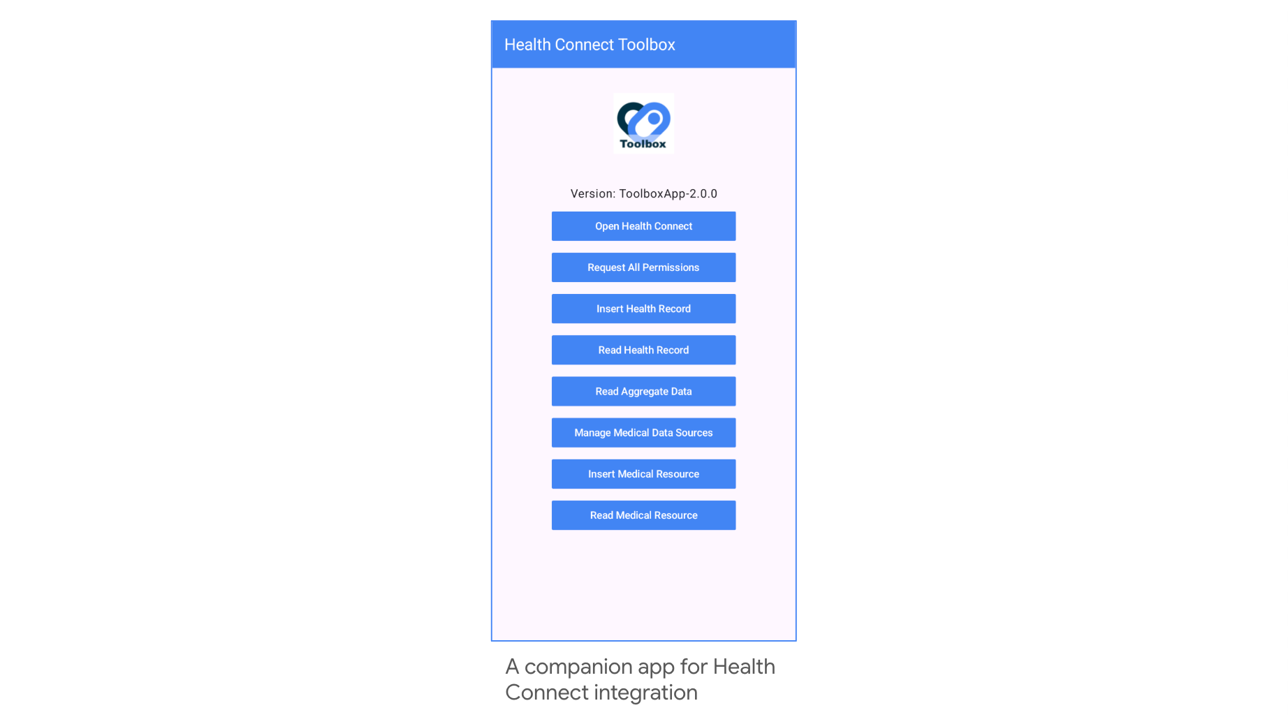 The Health Connect Toolbox app is shown as a full user interface.