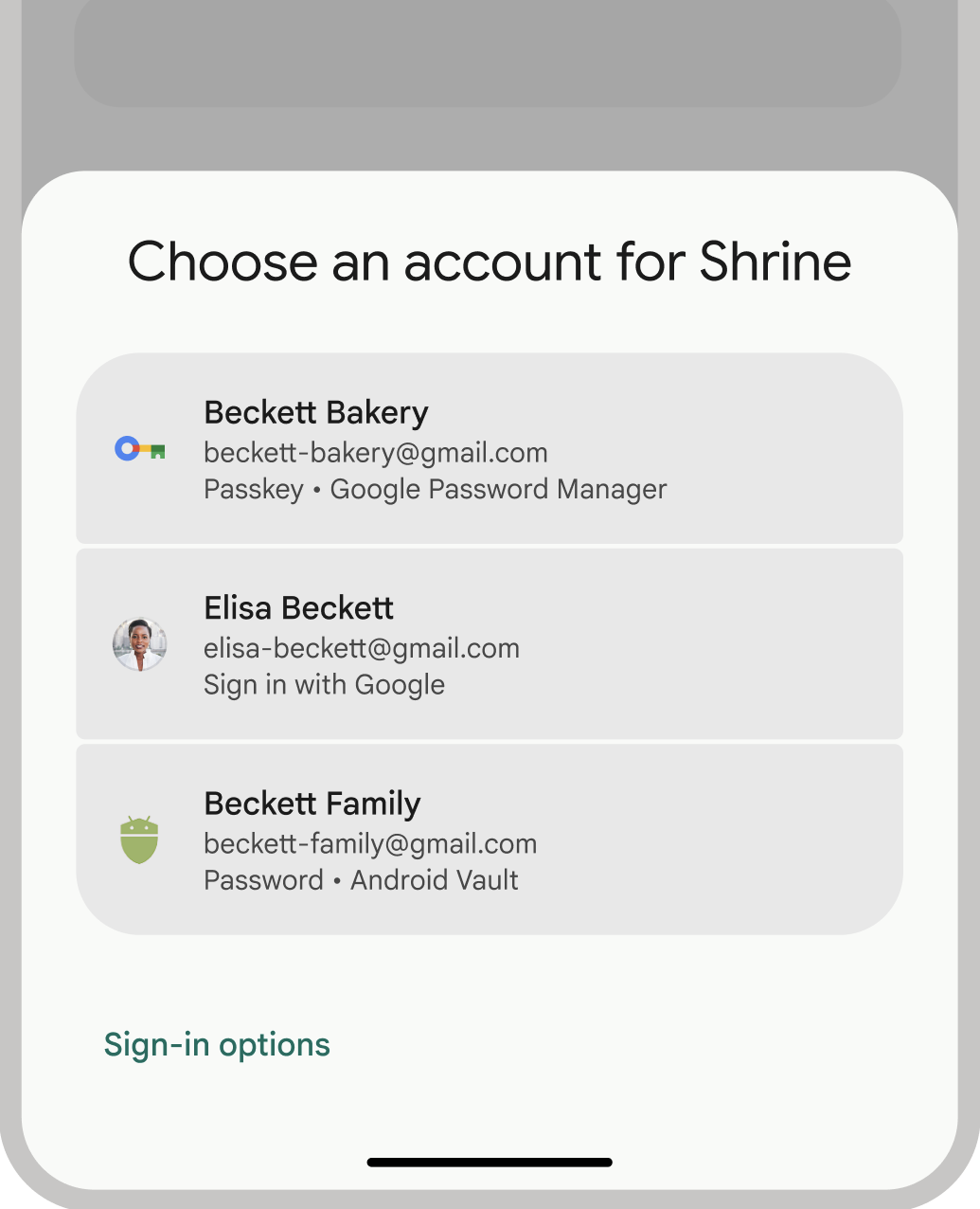 The Credential Manager user interface for passkeys, passwords, and federated sign-ins