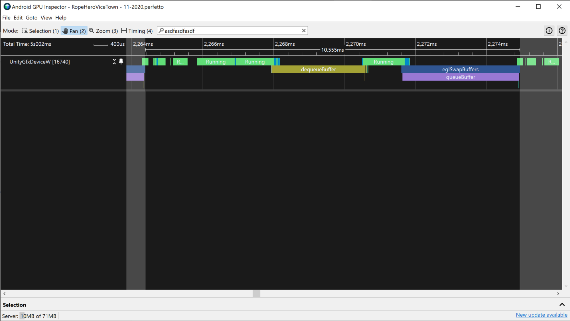 A screenshot that displays a large amount of idling during dequeueBuffer and eglSwapBuffer events.