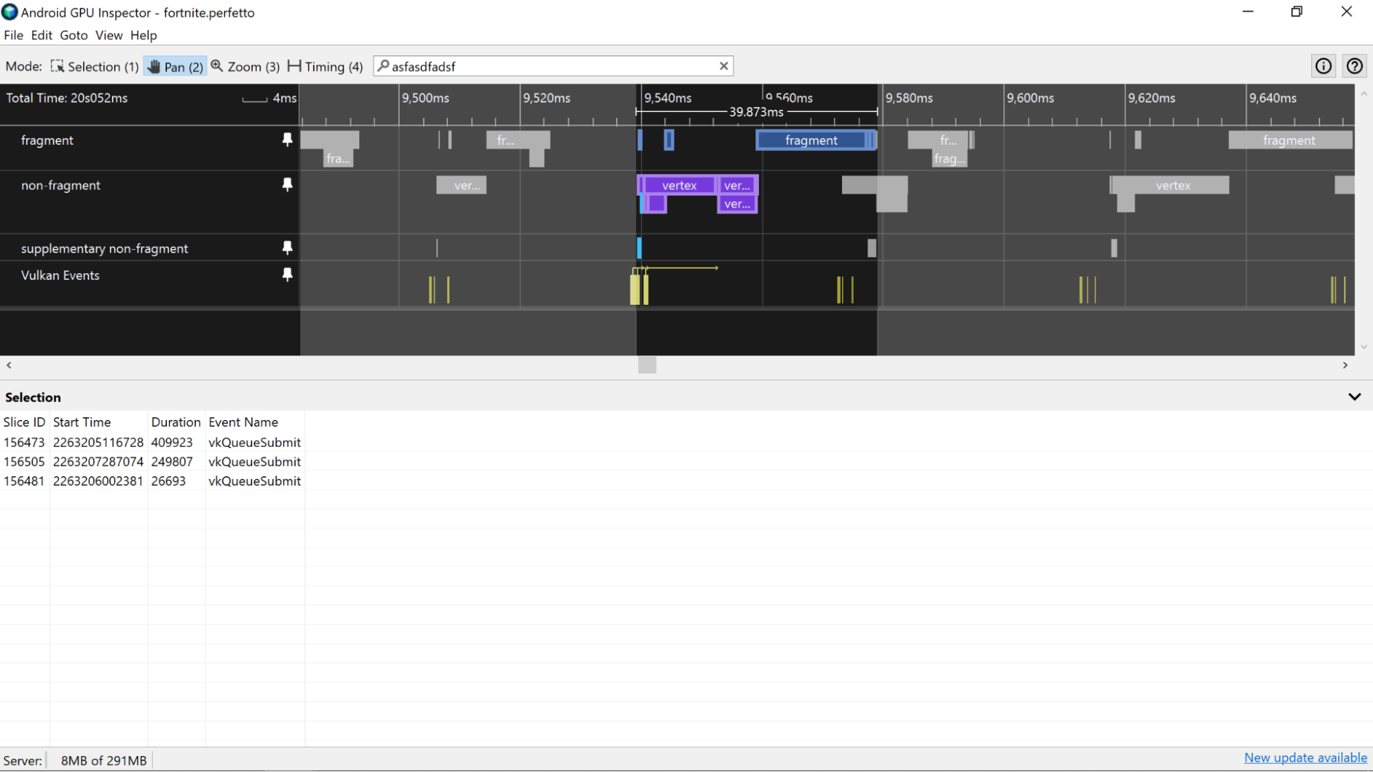 A screenshot of several Vulkan events selected for a frame.