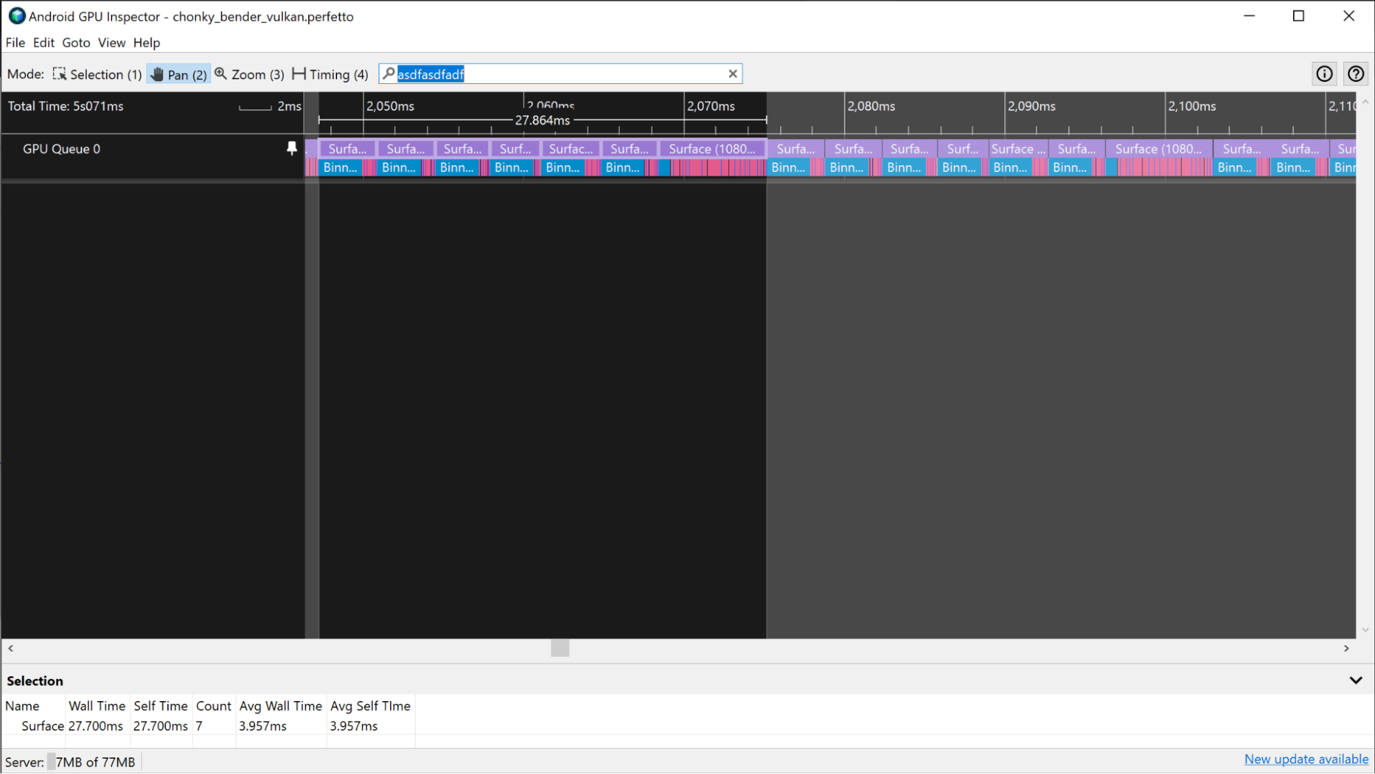 A screenshot of a heavily GPU bound app with a render pass pattern that helps identify frame boundaries.