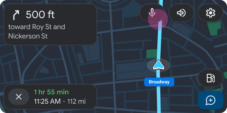 Navigation template during the user's journey with microphone,
      volume, and settings buttons in the action strip