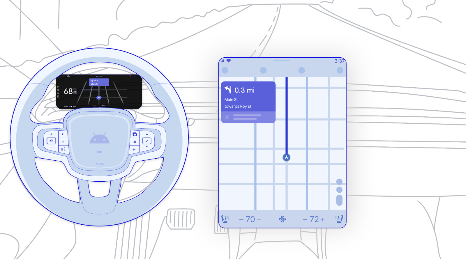 Wireframe of a map cluster with a route overview map