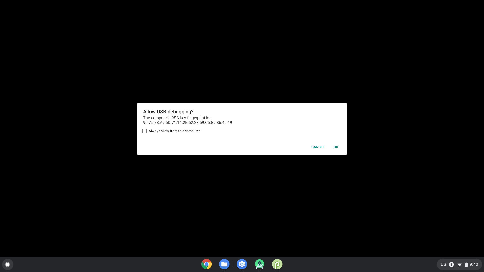 USB debugging authorization dialog.