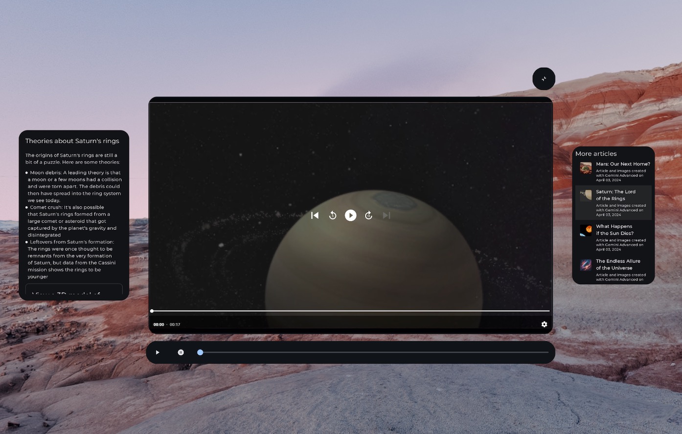 Spatialized (XR-adapted) media controls within an orbiter and content broken
up into multiple spatial
panels