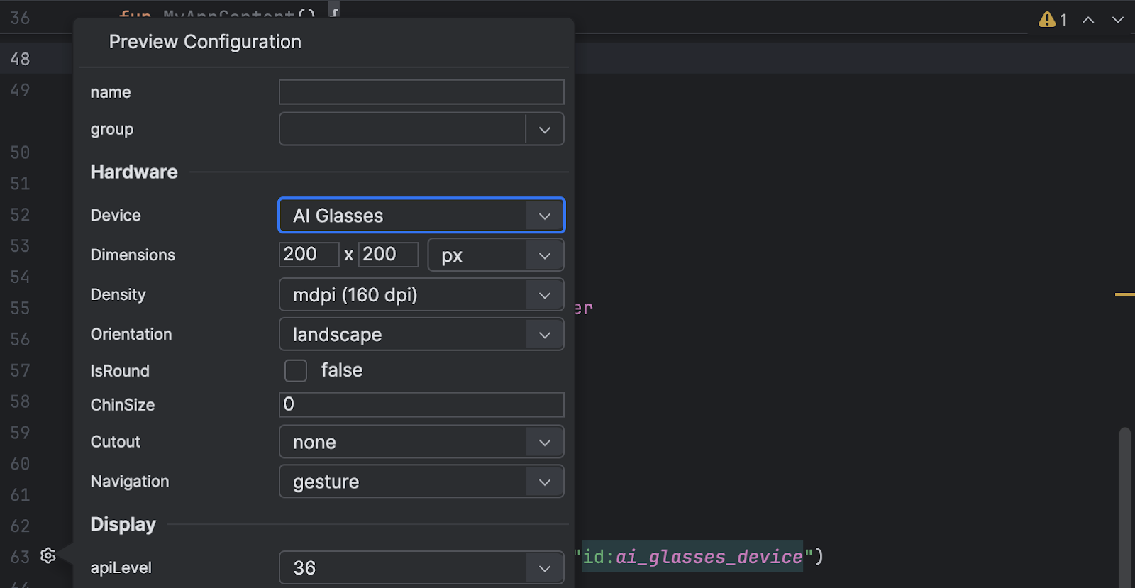 Select "AI Glasses" for the device in the composable function preview
configuration.