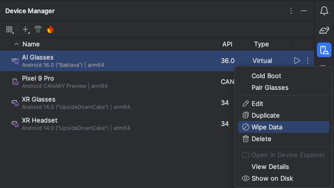 Click "Wipe Data" to start the glasses emulator while wiping user
data.