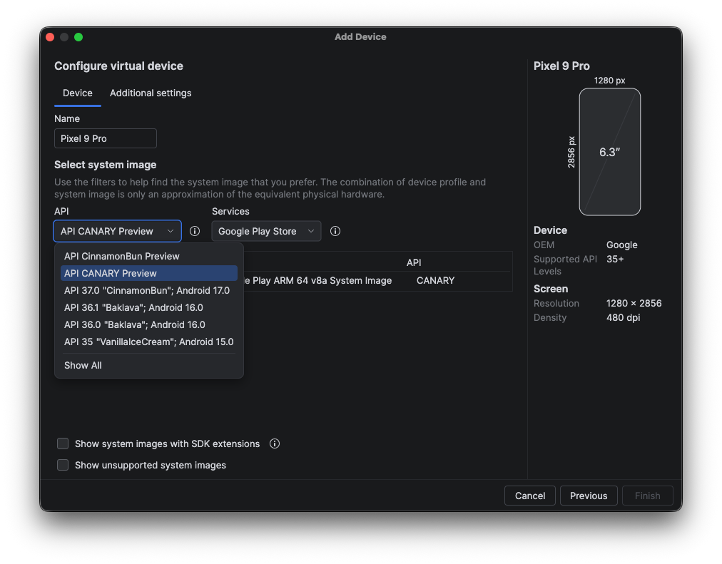 The AVD API level configuration for the phone host device.