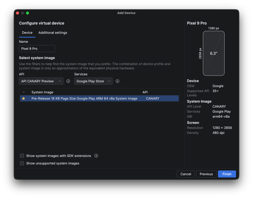 The AVD system image configuration for the phone host device.