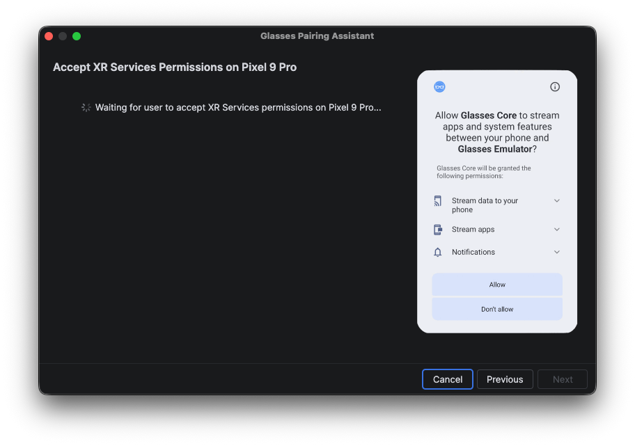 The Pairing Assistant uses the phone AVD to present association requests.