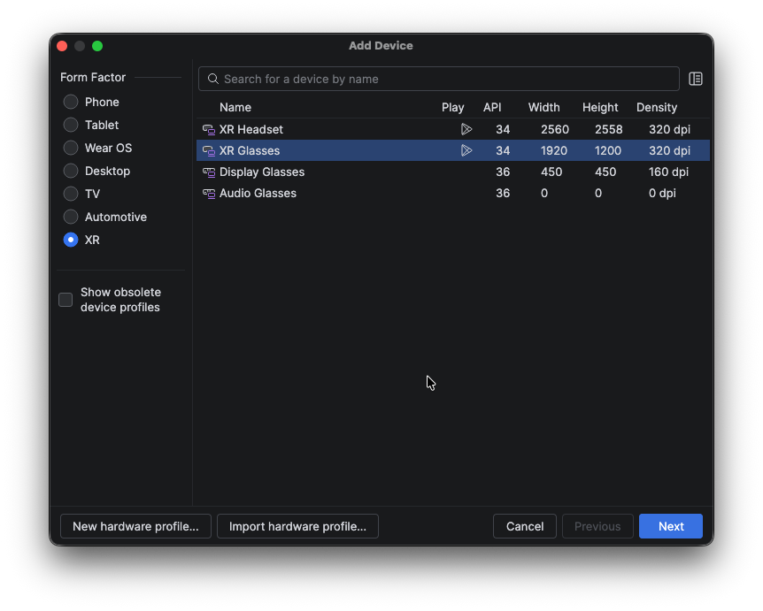 The Device Manager panel in Android Studio.