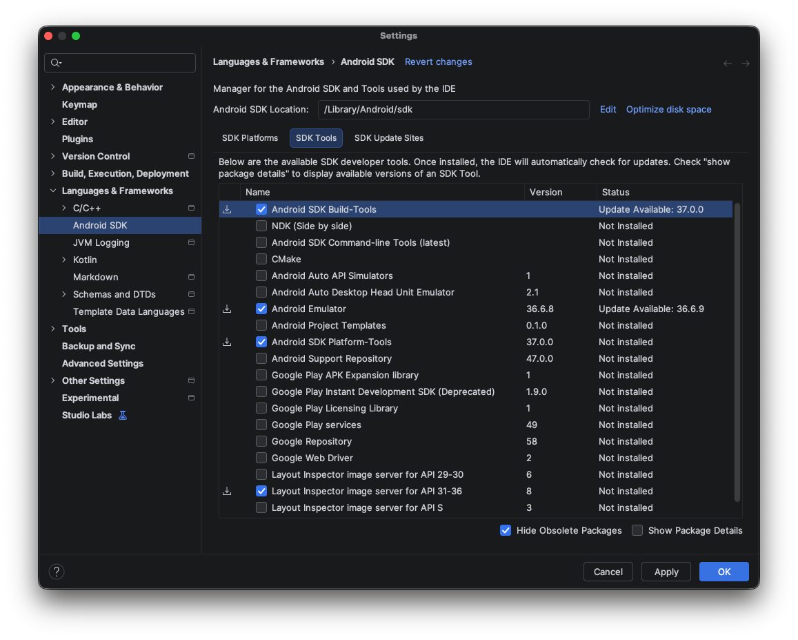 Android studio SDK Tools tab