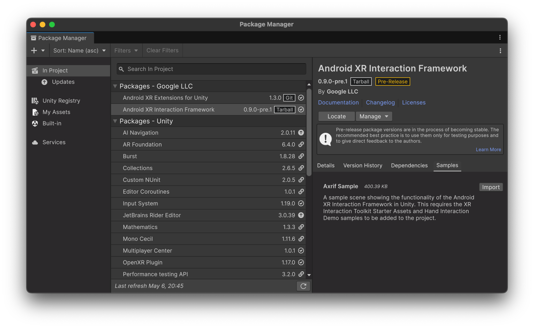 Import the AXRIF sample in Unity's package manager.