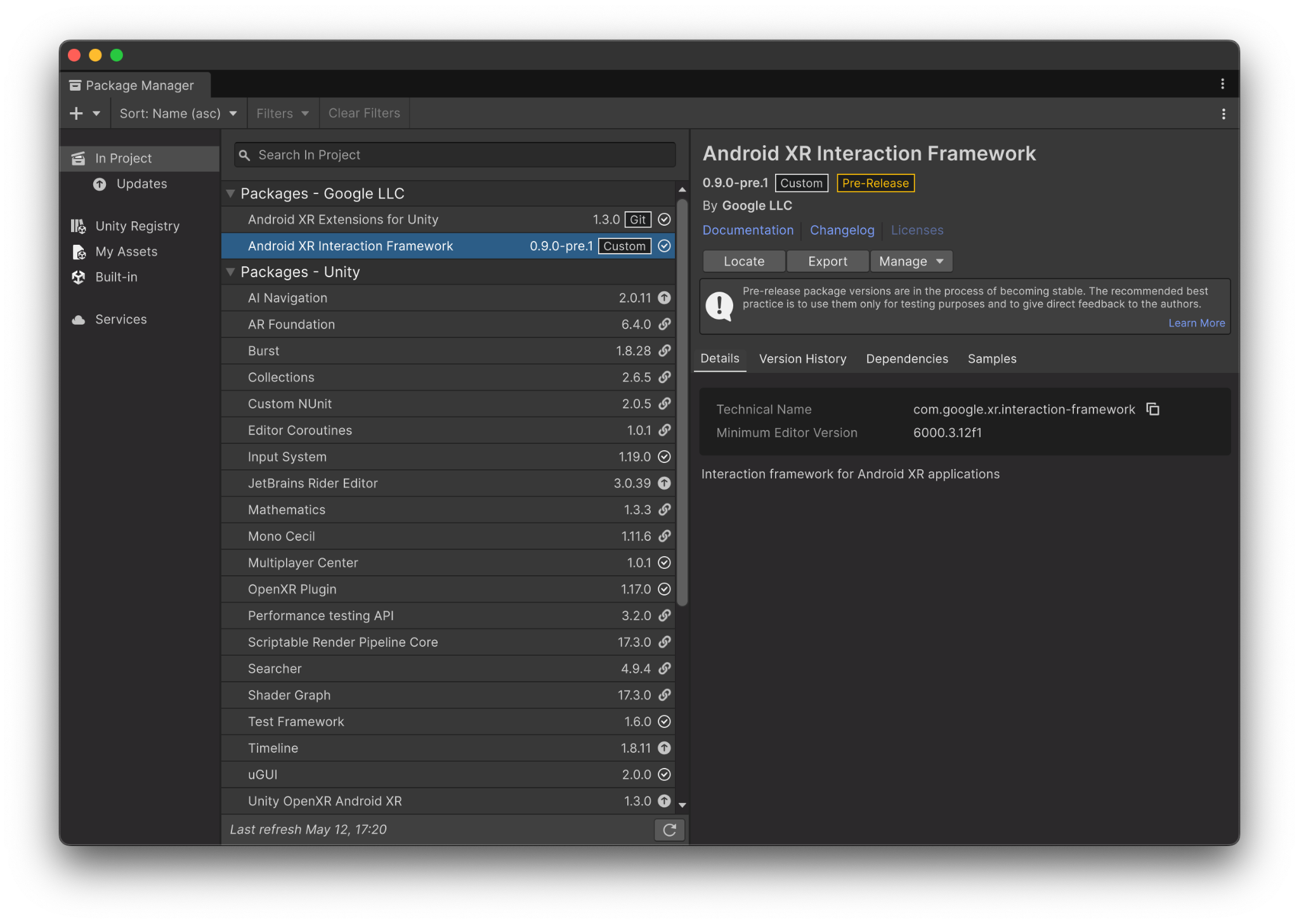 The AXRIF package details in Unity's Package Manager.