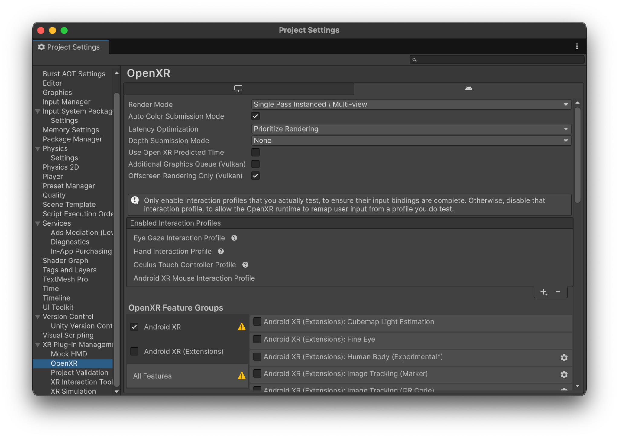 Resolve any outstanding OpenXR issues by performing project validation.