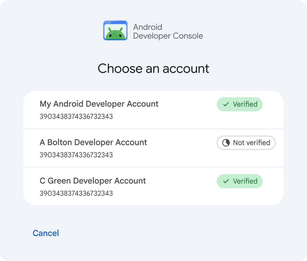 Account picker showing developer account name and verification state.