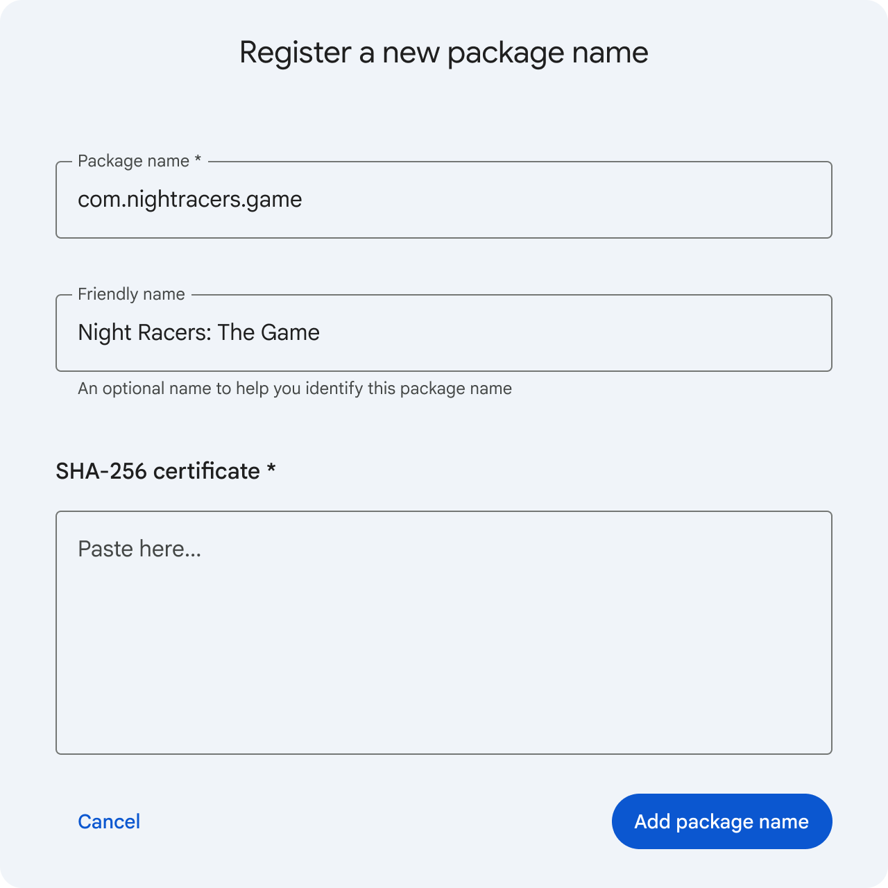Form for registering package name and selecting signing key.