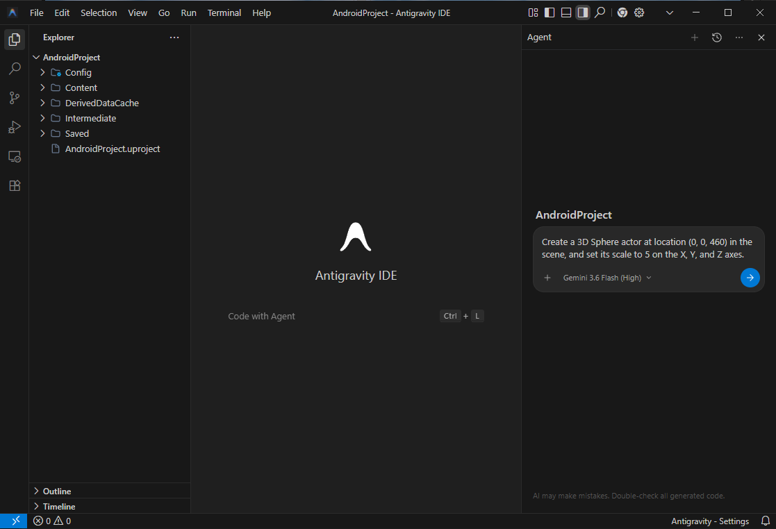 Antigravity IDE Agent window with a user prompt to add a 3D sphere.
