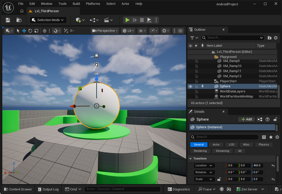 Unreal Editor showing a 3D sphere successfully added to the scene.