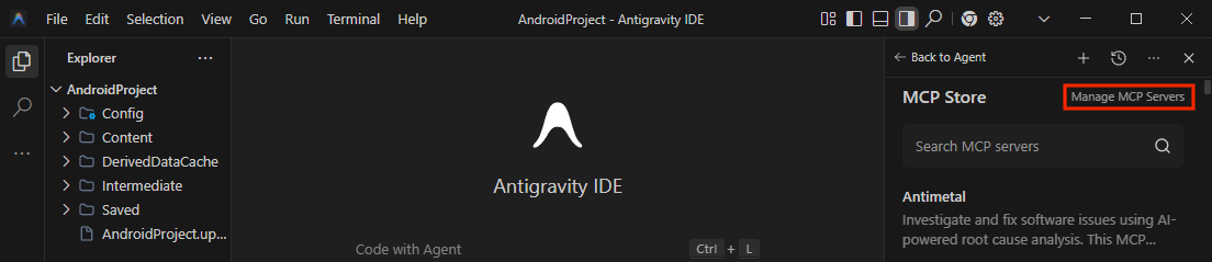 Antigravity IDE menu showing the path to Manage MCP Servers.