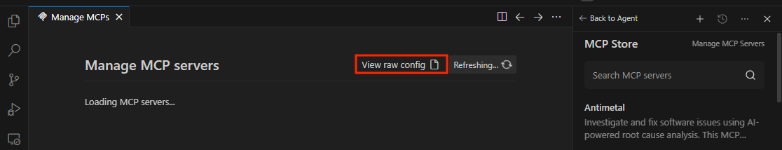 Antigravity IDE Manage MCP Servers window showing the View raw config button.