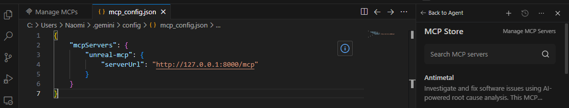 Antigravity IDE text editor showing the JSON configuration for the Unreal MCP server.