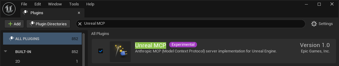 Unreal Editor Plugins window showing the Unreal MCP plugin enabled.