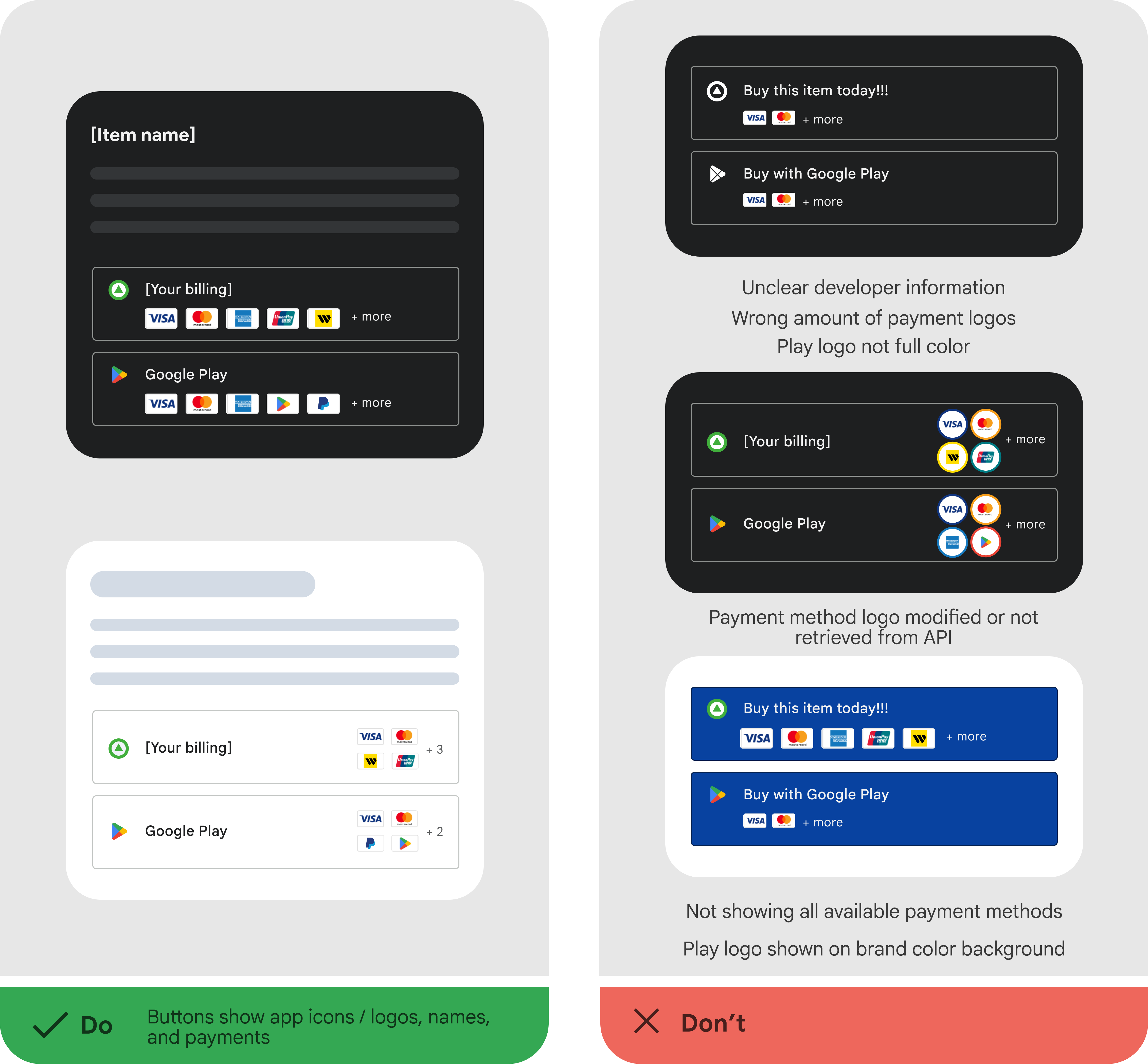 Examples of different layouts for displaying payment logos, showing single-line and multi-line configurations.