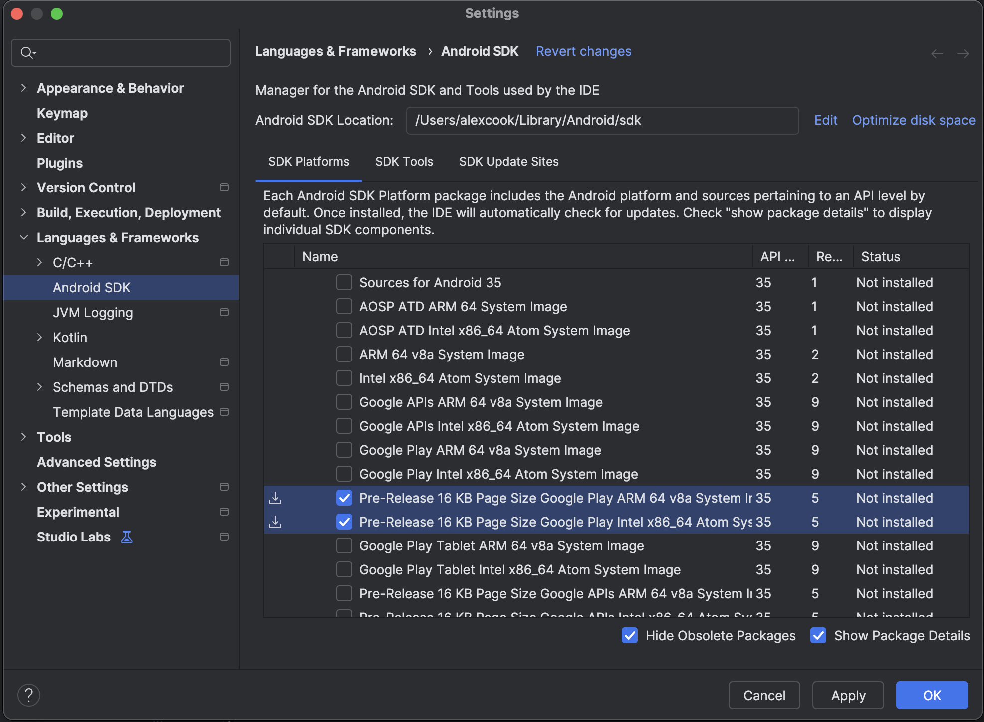 Download 16 KB emulator system images using the SDK Manager in Android Studio
