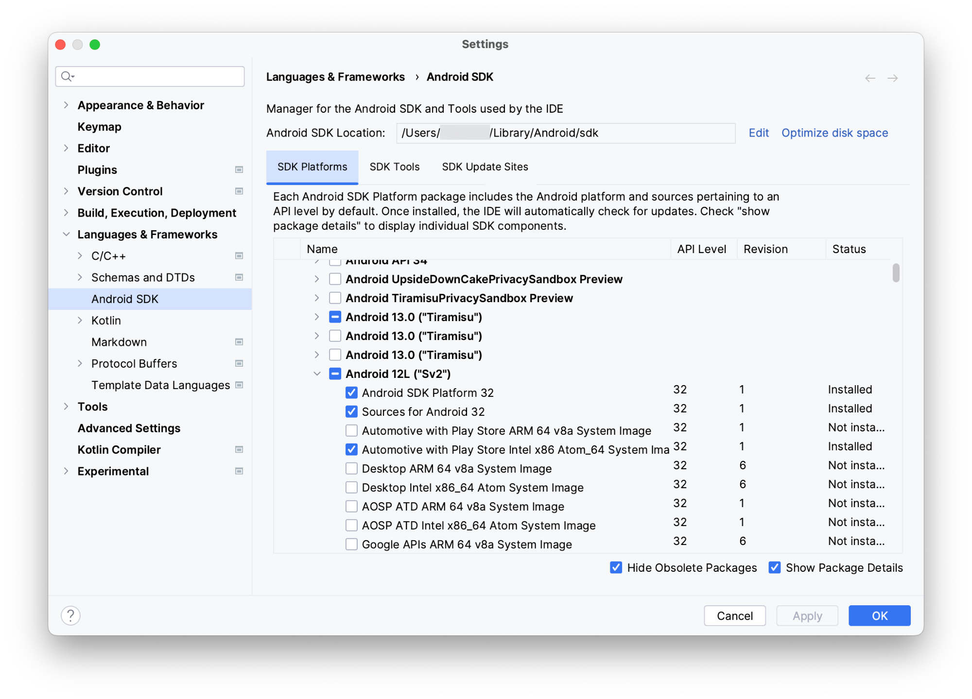 The SDK Manager in Android Studio with a generic system image selected.