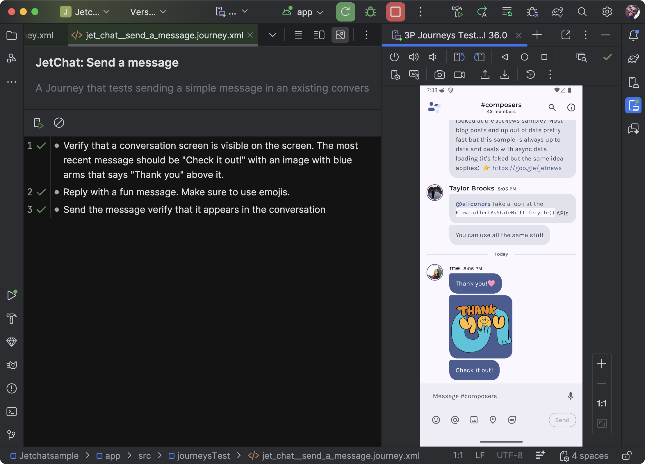 The journey editor in Android Studio, showing an XML file with
        journey steps.