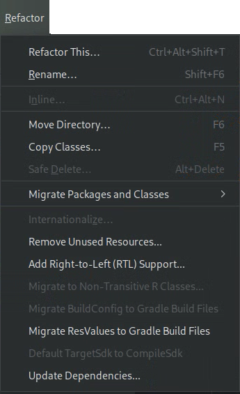 The Refactor menu, showing the Update Dependencies menu item.