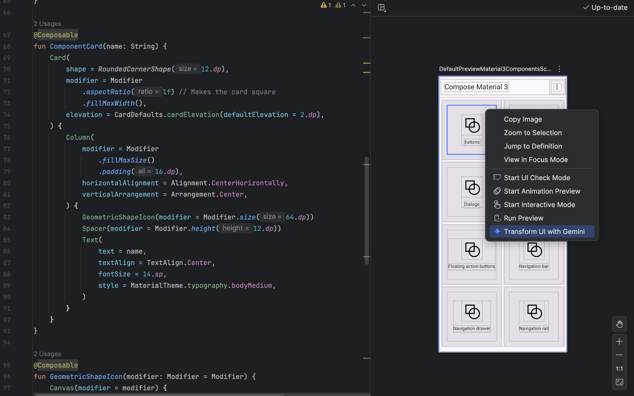 Android Studio showing a Compose preview with a selected UI element and Gemini chat.