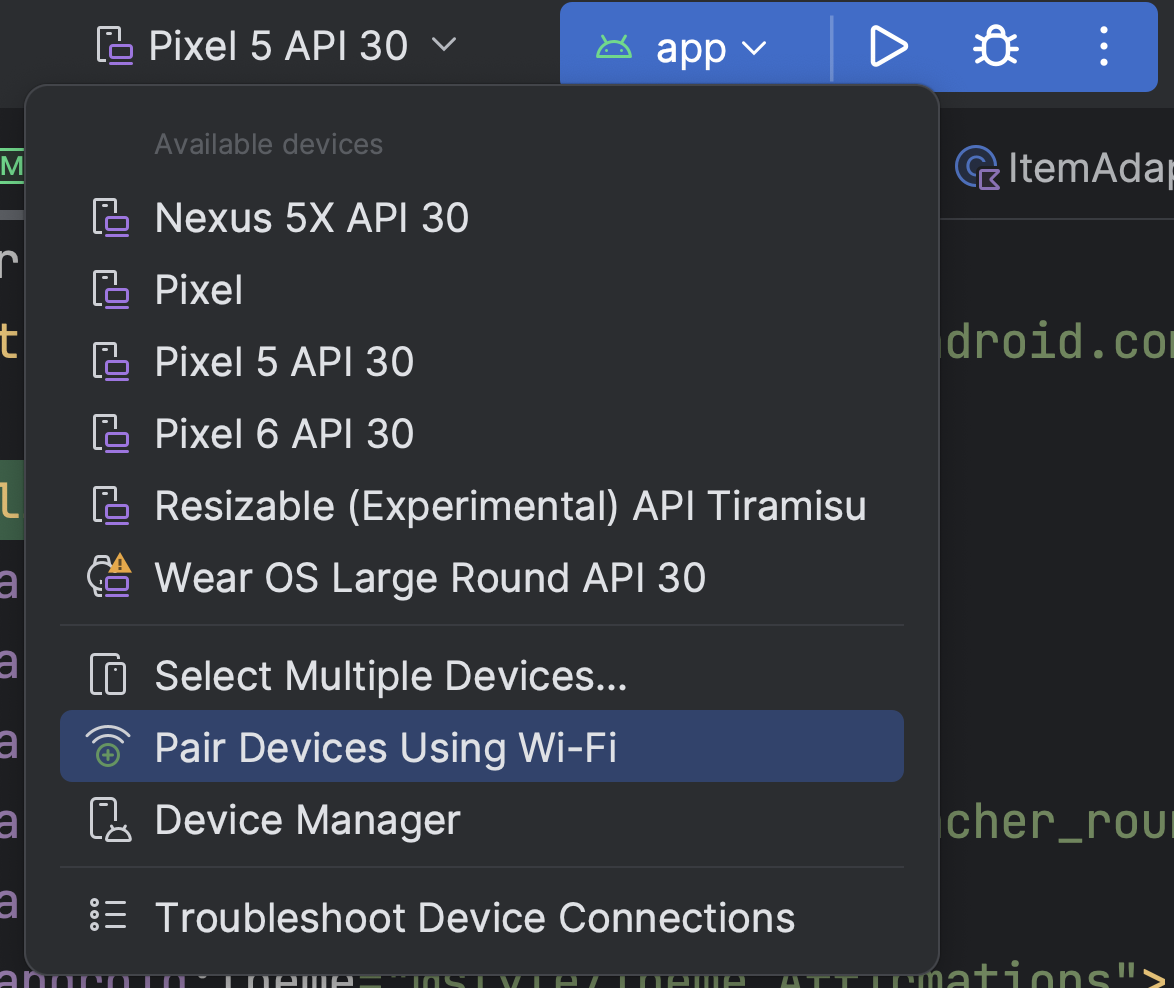 Run configurations drop down