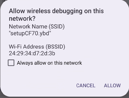 Screenshot of a pixel phone showing the Wireless debugging prompt.