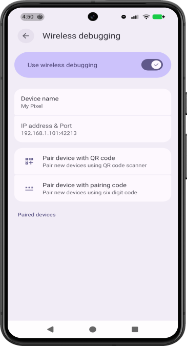 Screenshot of
              a Google Pixel phone showing the Wireless debugging systems setting.