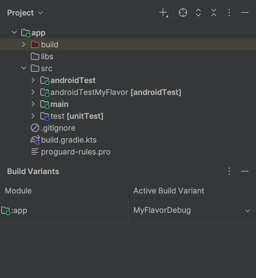 MyFlavor variant selected and androidTestMyFlavor folder is active
        in Project view