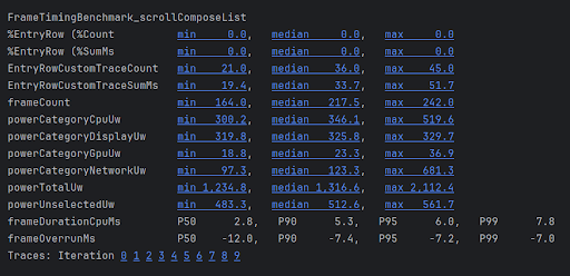 Results of TraceSectionMetric and FrameTimingMetric.