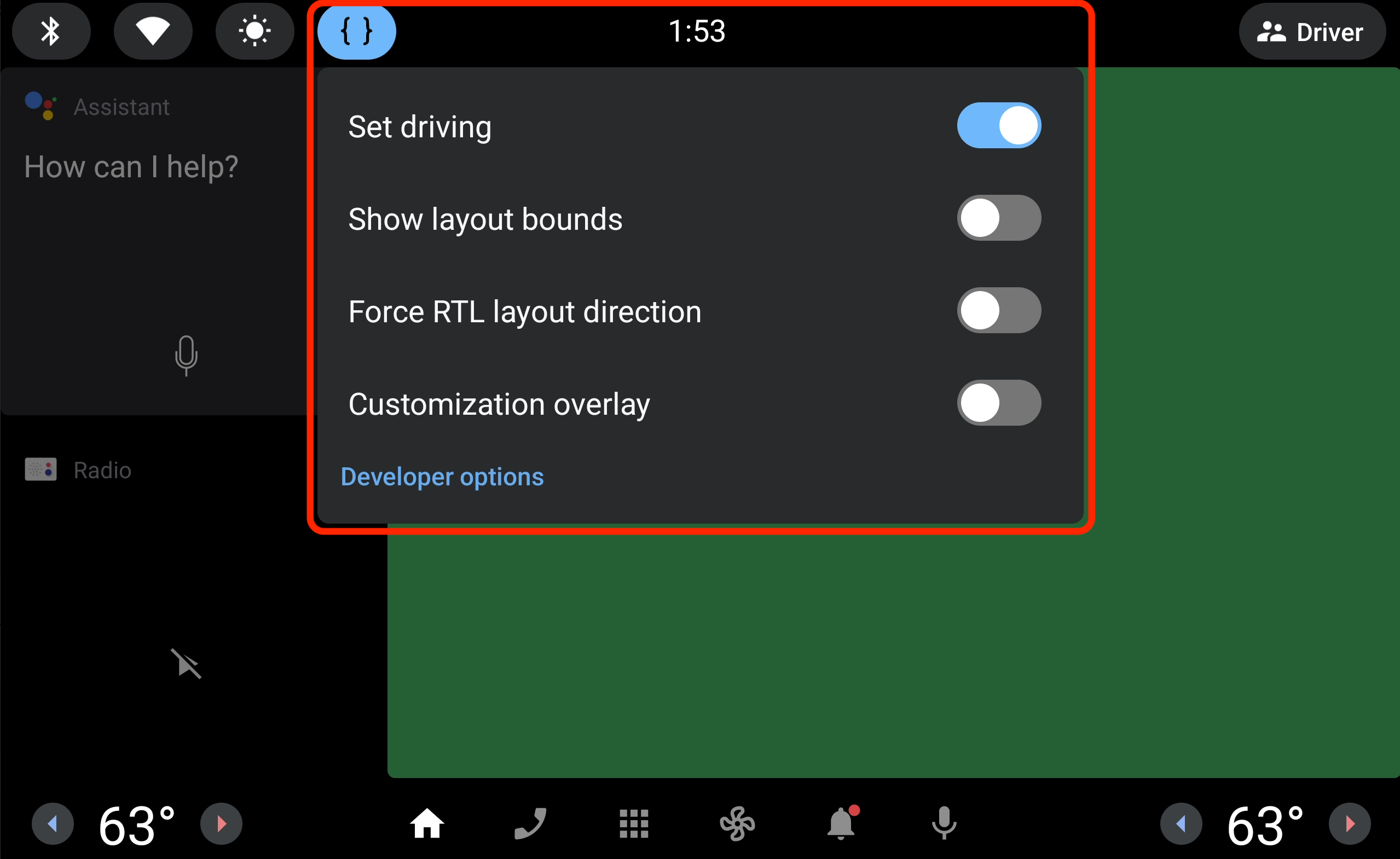 Simulate driving with the Quick Settings menu