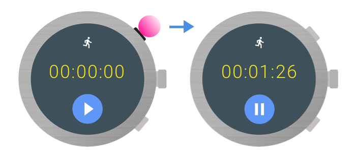 A watch with multiple side buttons. The system designates one of the buttons as the multi-function button.